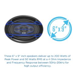 car speakers JS6904 Feature 6 inch by 9 inch with 200 watts of peak power and 50 watts RMS at 4 ohm impedance with frequency response between 50hz 20khz