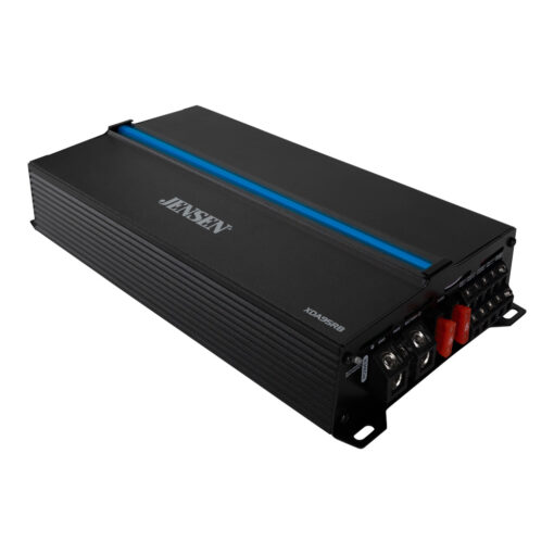 Jensen xda95rb 1500 watt amplifier angled view with blue illumination