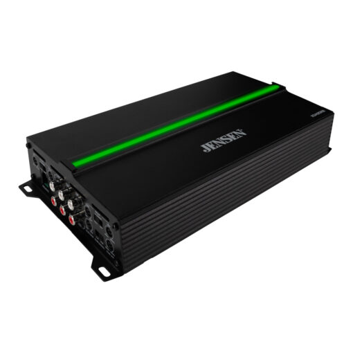 Jensen xda95rb 1500 watt amplifier angled view with green illumination