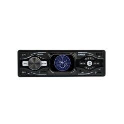 Jensen MPR2126 2-inch touchscreen car stereo, front view with clock display