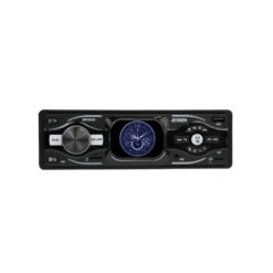 Jensen MPR2126 car stereo front view, 2-inch LCD touchscreen showing clock face
