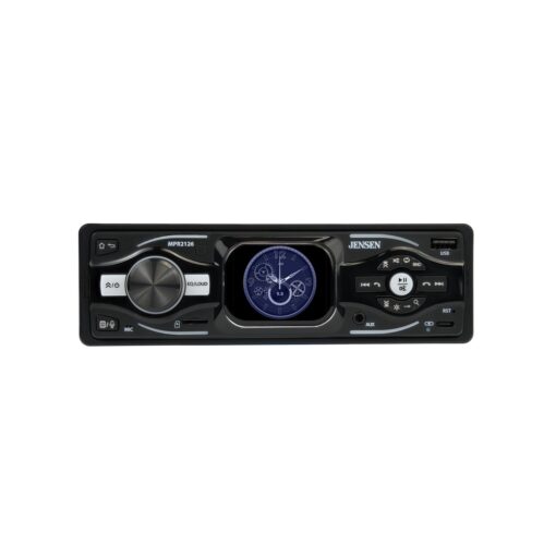 Jensen MPR2126 car stereo front view, 2-inch LCD touchscreen showing clock face